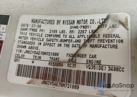 2006 Infiniti G35 z USA, uszkodzony, nr VIN JNKCV54E76M721689